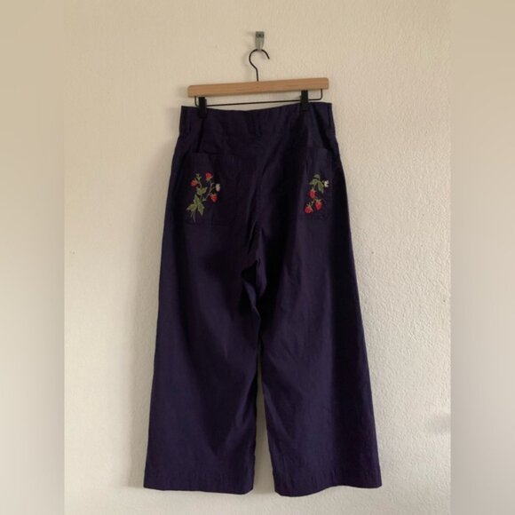 Anthropologie Maeve The Colette Crop Pants 31 Wide Leg Strawberries Embroidered - Picture 2 of 11